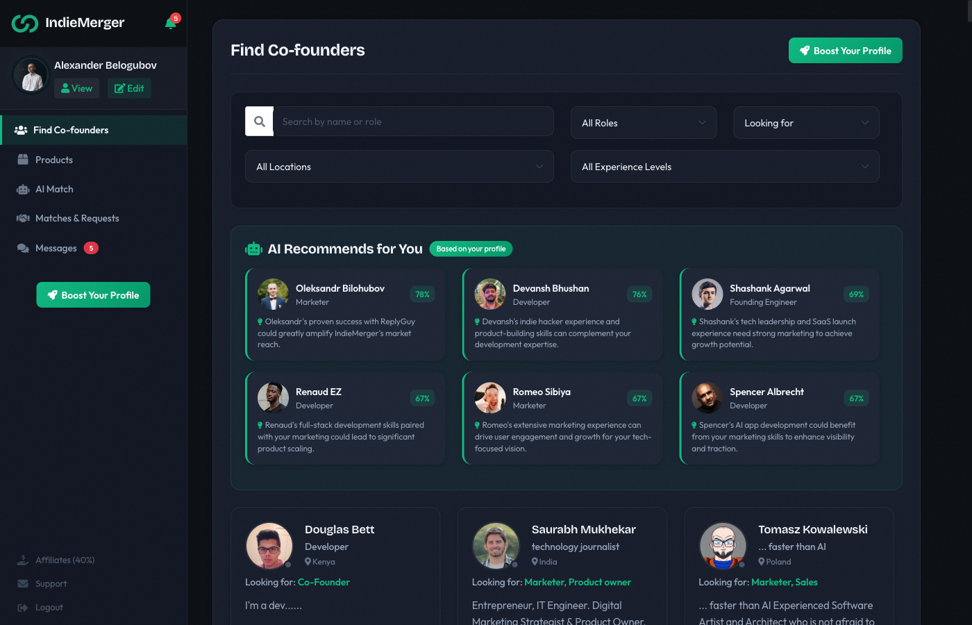 IndieMerger — AI Co-Founder Matching Dashboard