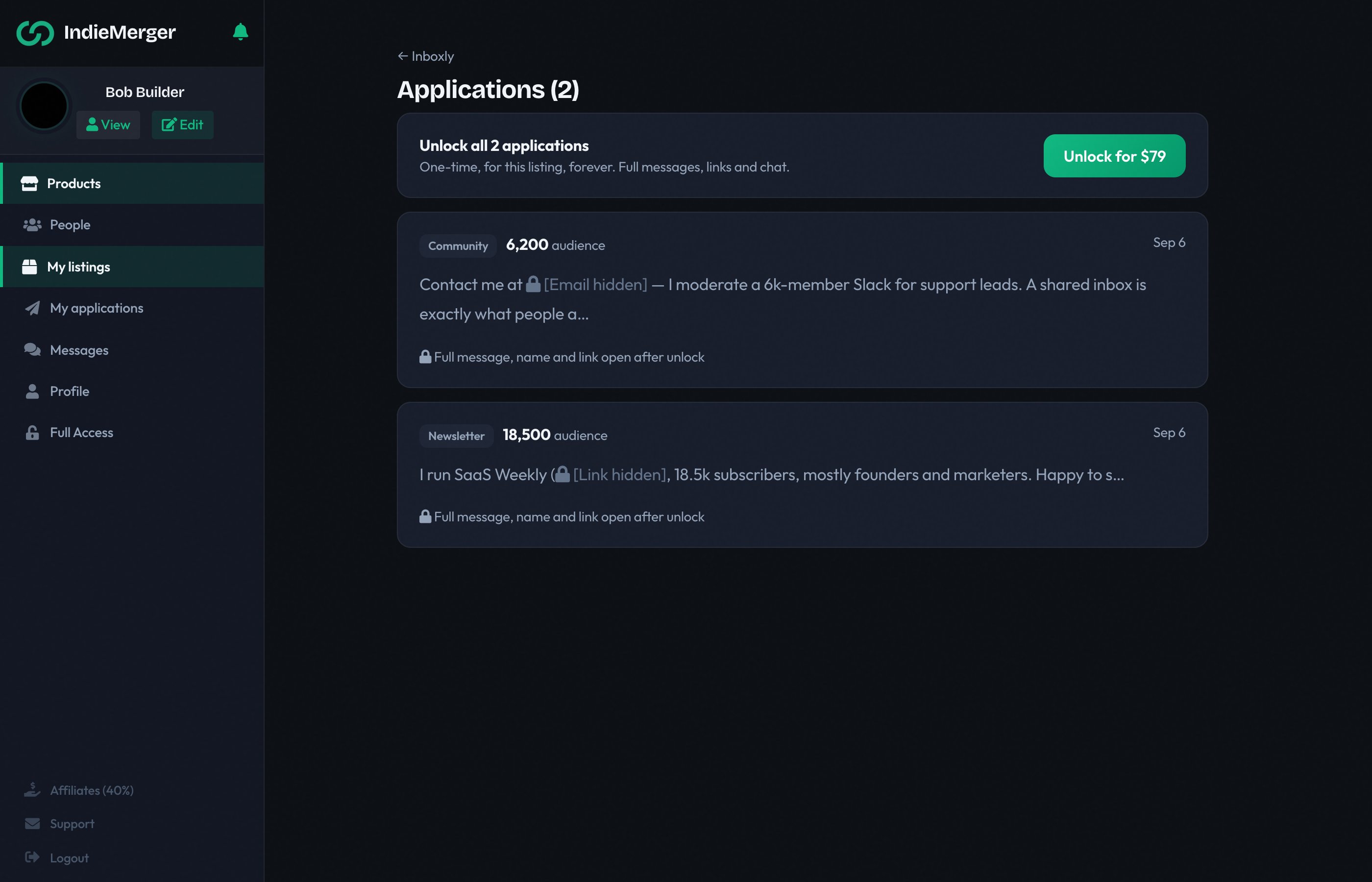 Applications with masked previews and unlock button