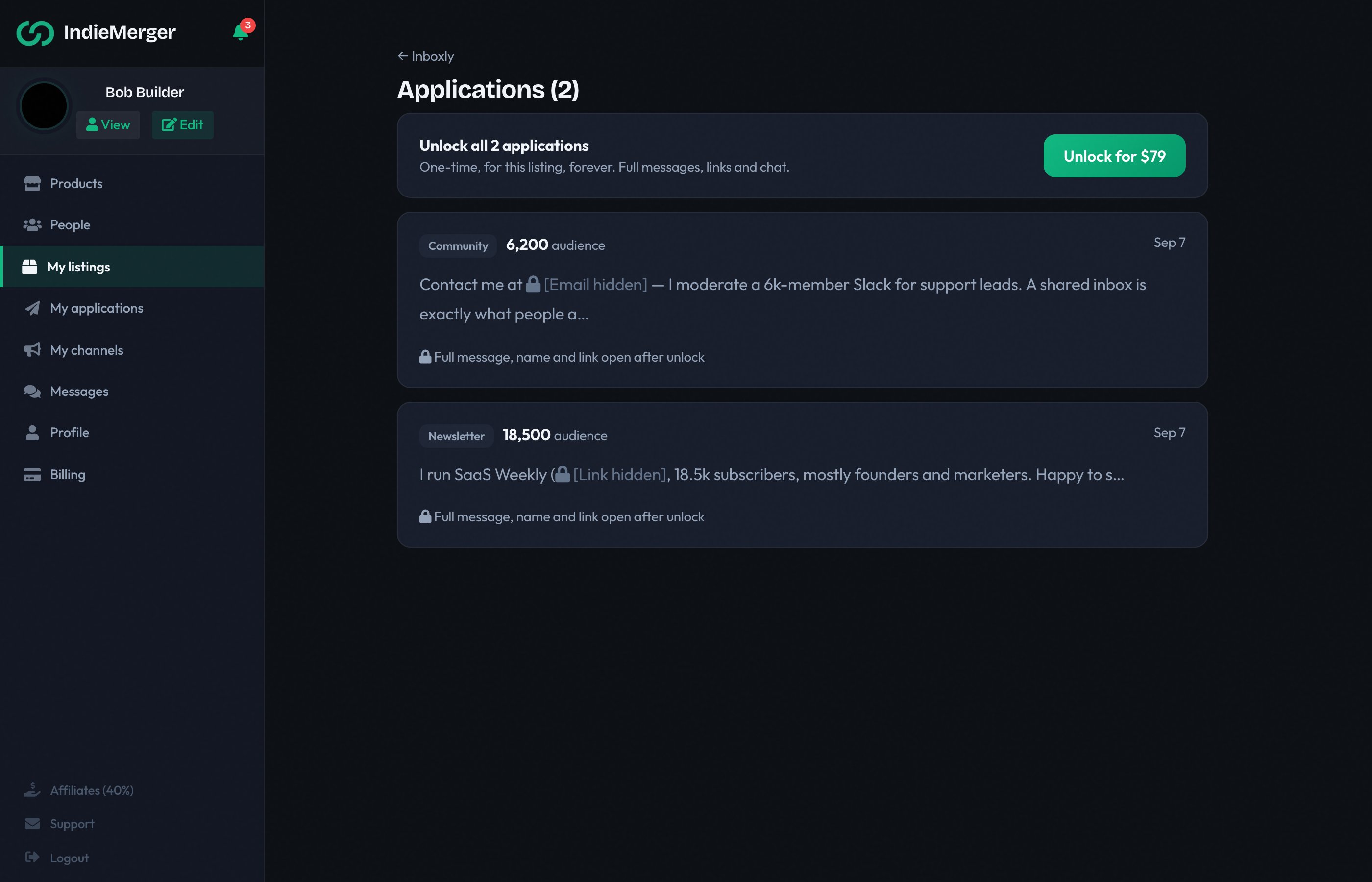 Applications with masked previews and unlock button