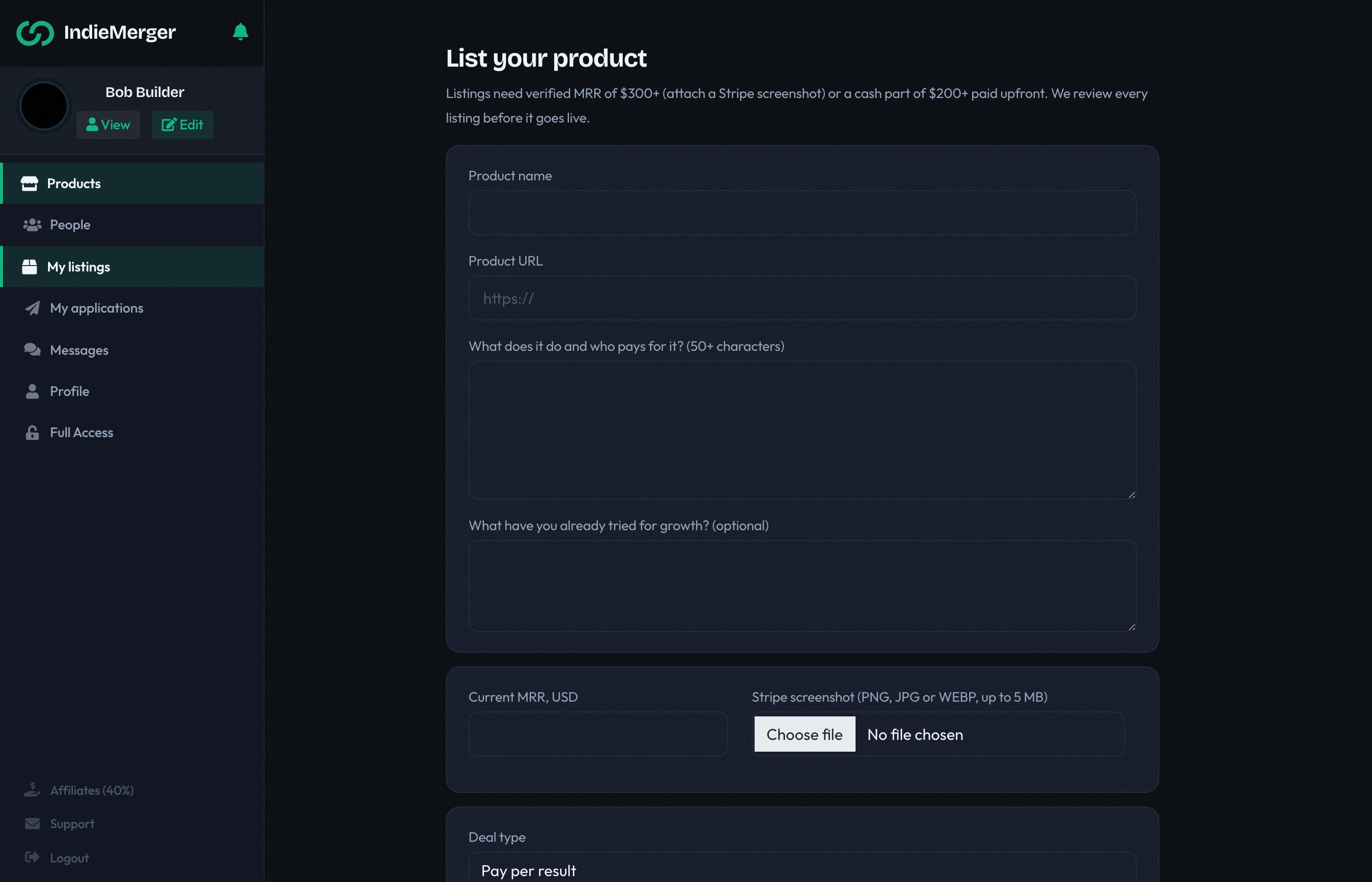 Listing form with verified MRR