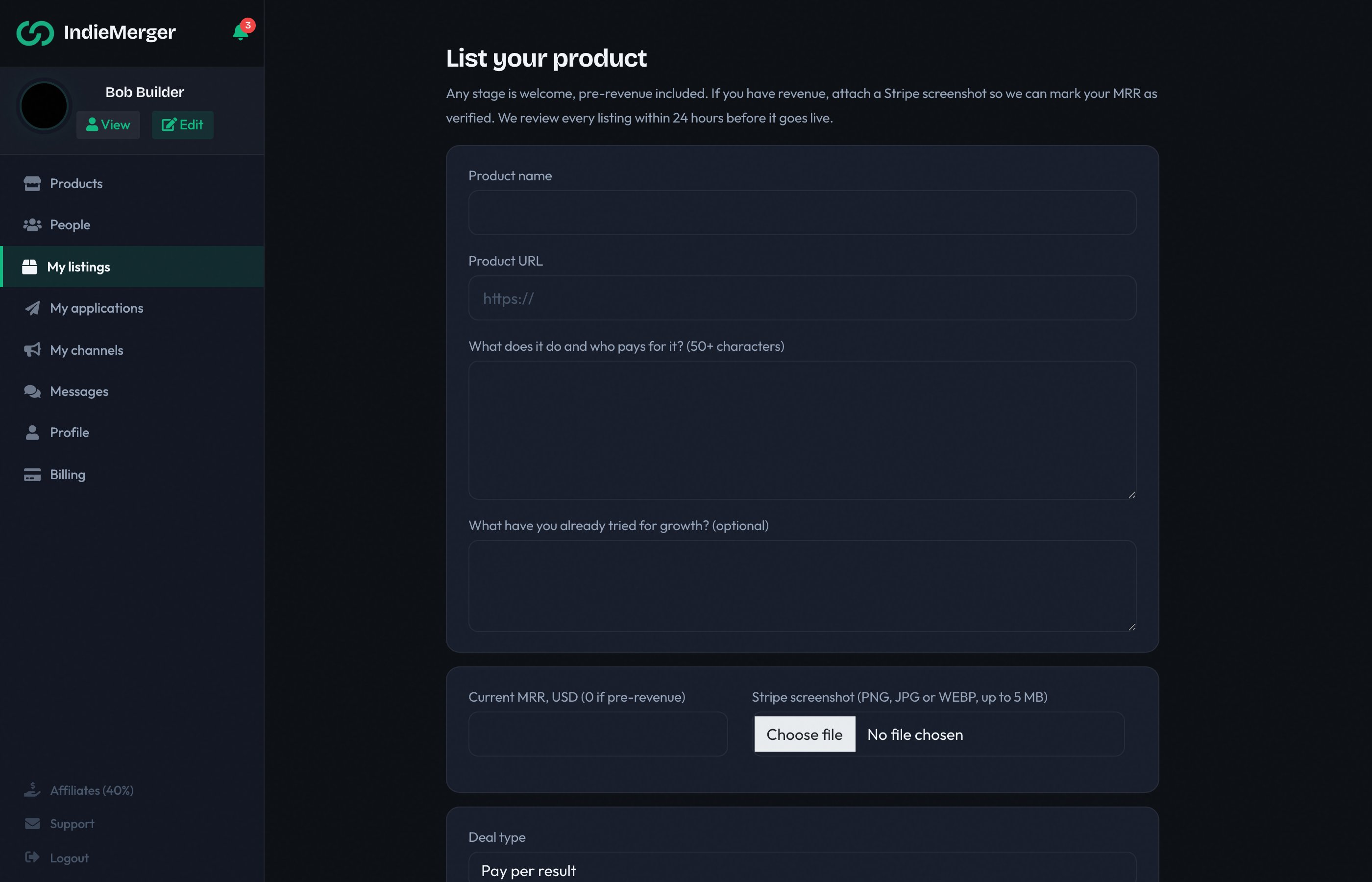 Listing form with verified MRR