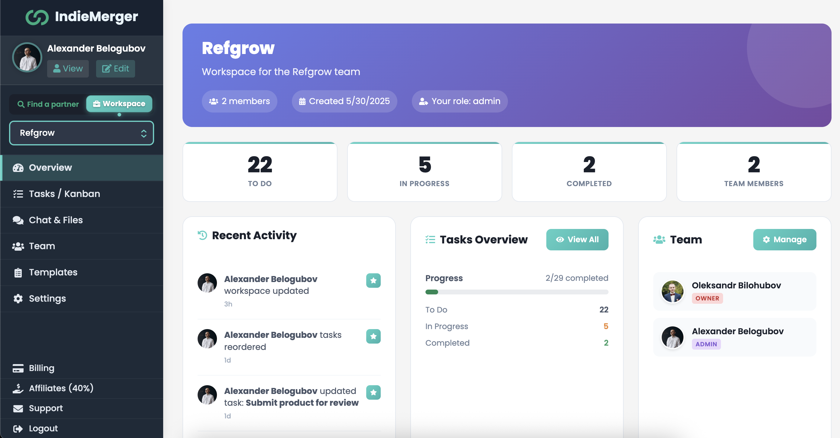 Workspace Dashboard Interface